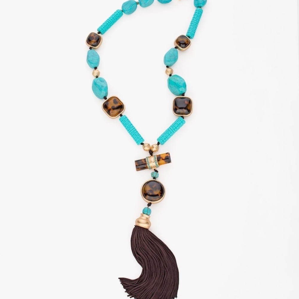 Turquoise/Tortoiseshell Lariat Necklace w/ Tassel